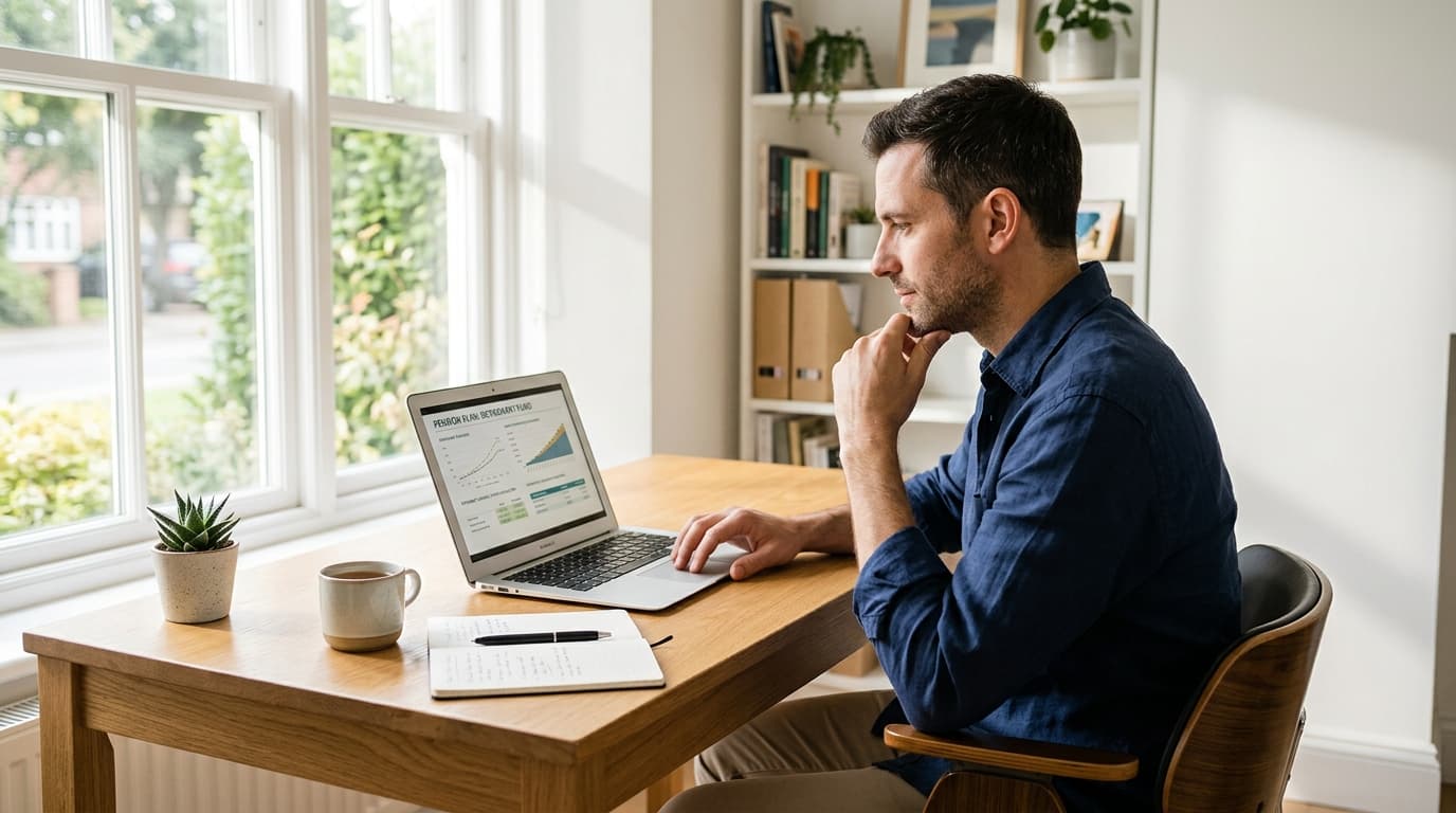 Ein selbständiger Unternehmer arbeitet fokussiert an seinem Laptop im Büro und plant seine private Altersvorsorge für das neue Altersvorsorgedepot.