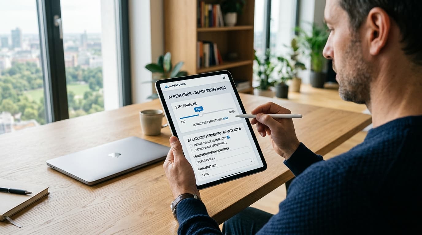 Ein Anleger am Schreibtisch richtet auf einem Tablet-Bildschirm sein neues Altersvorsorgedepot mit einem automatisierten ETF-Sparplan und einem staatlichen Zulagenantrag ein.