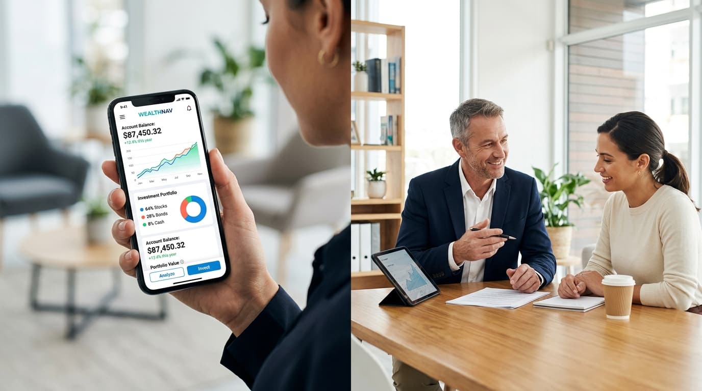 Ein geteilter Bildschirm zeigt auf der linken Seite ein Smartphone mit einer modernen Finanz-App und auf der rechten Seite zwei Personen bei einem vertrauensvollen Beratungsgespraech.