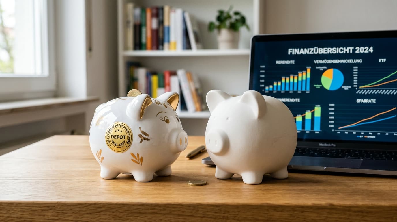 Eine Gegenueberstellung von zwei Sparschweinen vor einem Laptop mit Finanz-Charts, eines symbolisiert das gefoerderte Altersvorsorgedepot und das andere den klassischen ETF-Sparplan.