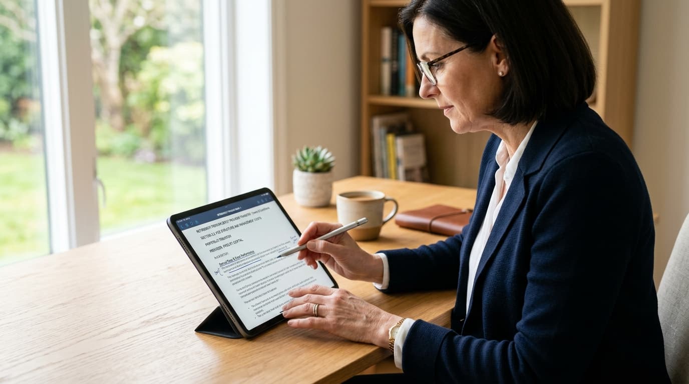 Ein Anleger prüft auf einem Tablet Dokumente und Konditionen für den Anbieterwechsel seines Altersvorsorgedepots.