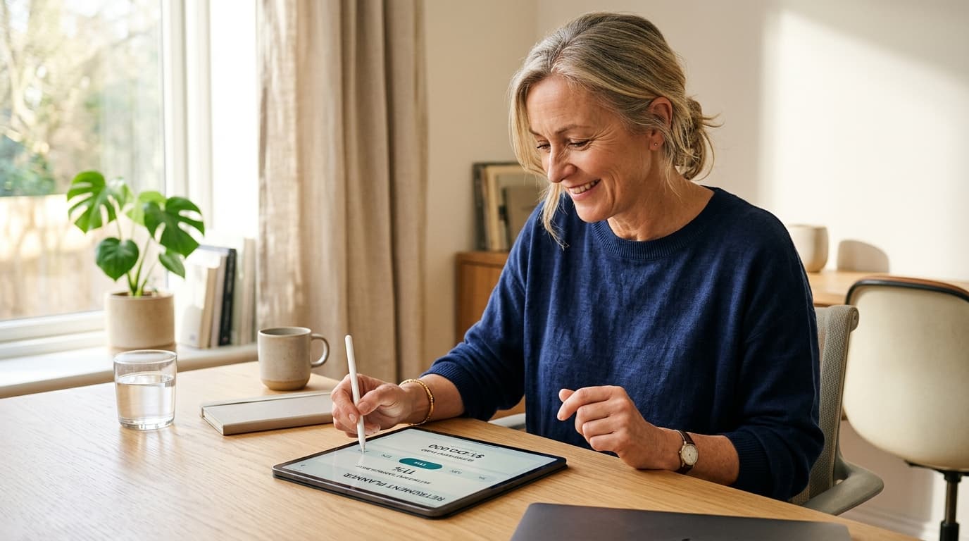 Eine Person sitzt entspannt am Schreibtisch und passt flexibel ihre Sparrate für das Altersvorsorgedepot auf einem Tablet an.
