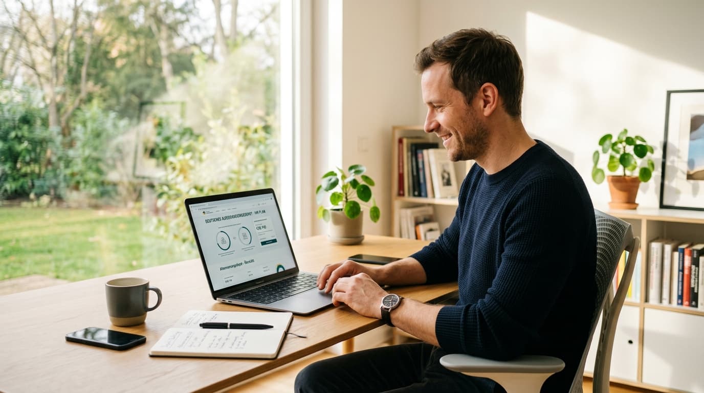 Ein selbstständiger Freiberufler arbeitet konzentriert an seinem Laptop in einem hellen Büro und plant optimistisch seine private Altersvorsorge mit dem neuen Altersvorsorgedepot.