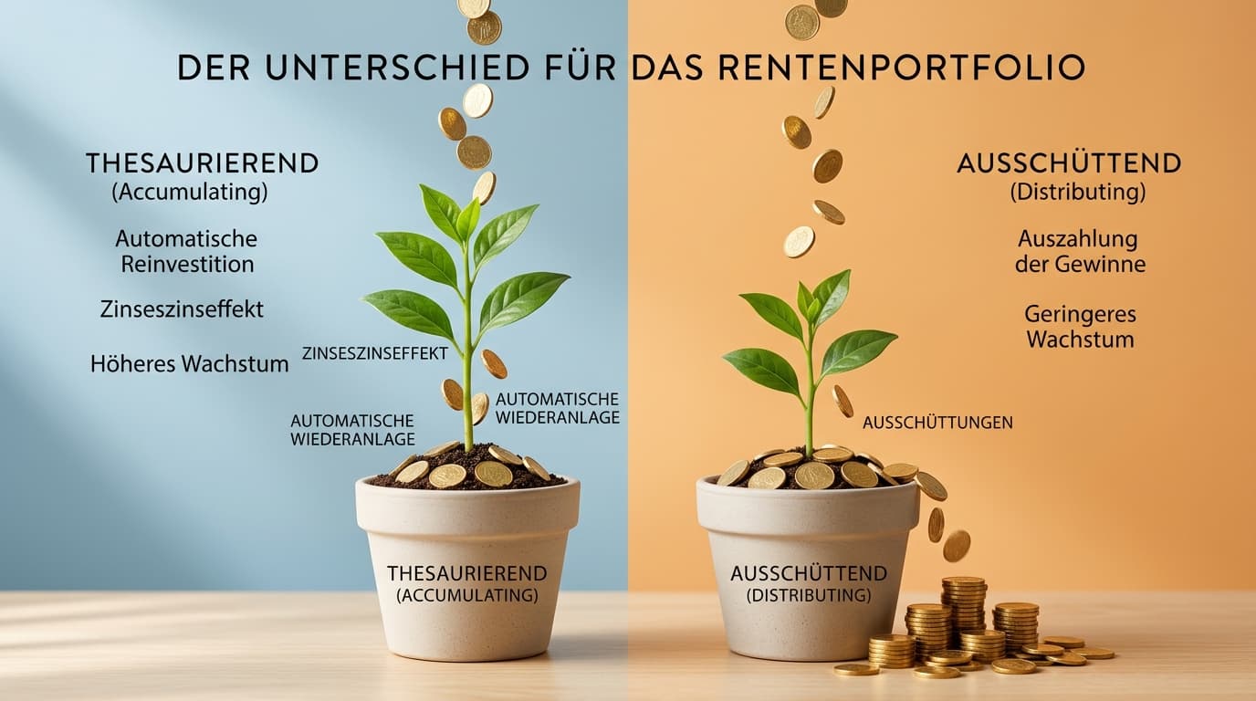 Eine grafische Gegenüberstellung von thesaurierenden und ausschüttenden ETFs mit Fokus auf den automatischen Zinseszinseffekt im Altersvorsorgedepot.