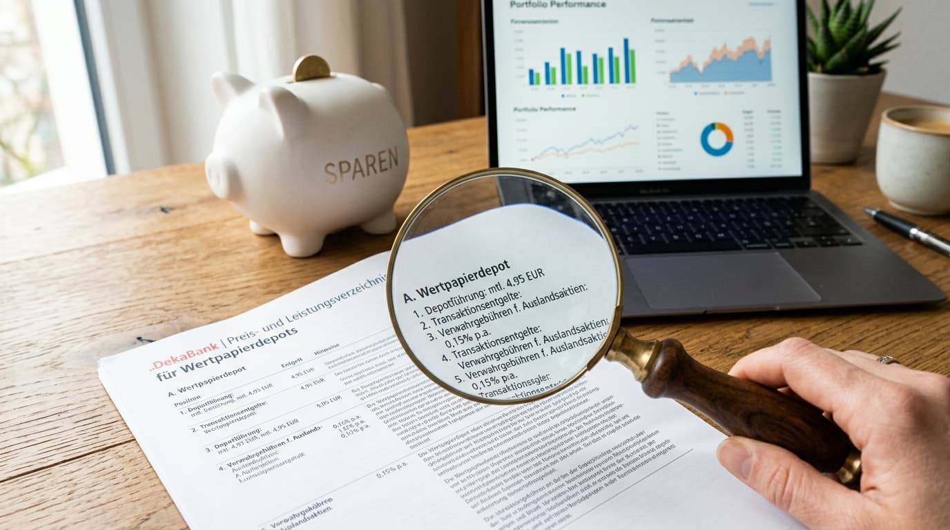 Eine Lupe liegt auf einem gedruckten Preis- und Leistungsverzeichnis eines Wertpapierdepots, im Hintergrund ist ein Sparschwein und ein Laptop mit Finanz-Charts zu sehen.
