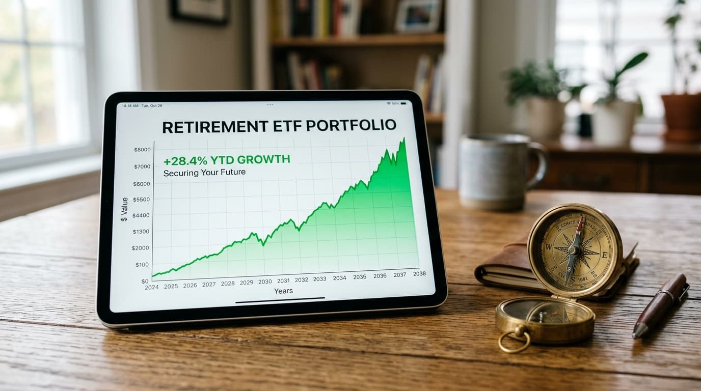 Ein modernes Tablet zeigt die Wertentwicklung eines Altersvorsorgedepots mit ETFs neben einem Kompass auf einem Holzschreibtisch, der den Weg zu einer sicheren Rente symbolisiert.