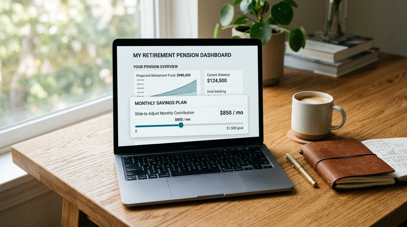 Ein Laptop zeigt die Benutzeroberfläche eines digitalen Altersvorsorgedepots mit einer flexiblen Sparplan-Anpassung, daneben liegen Arbeitsutensilien einer selbständigen Person.