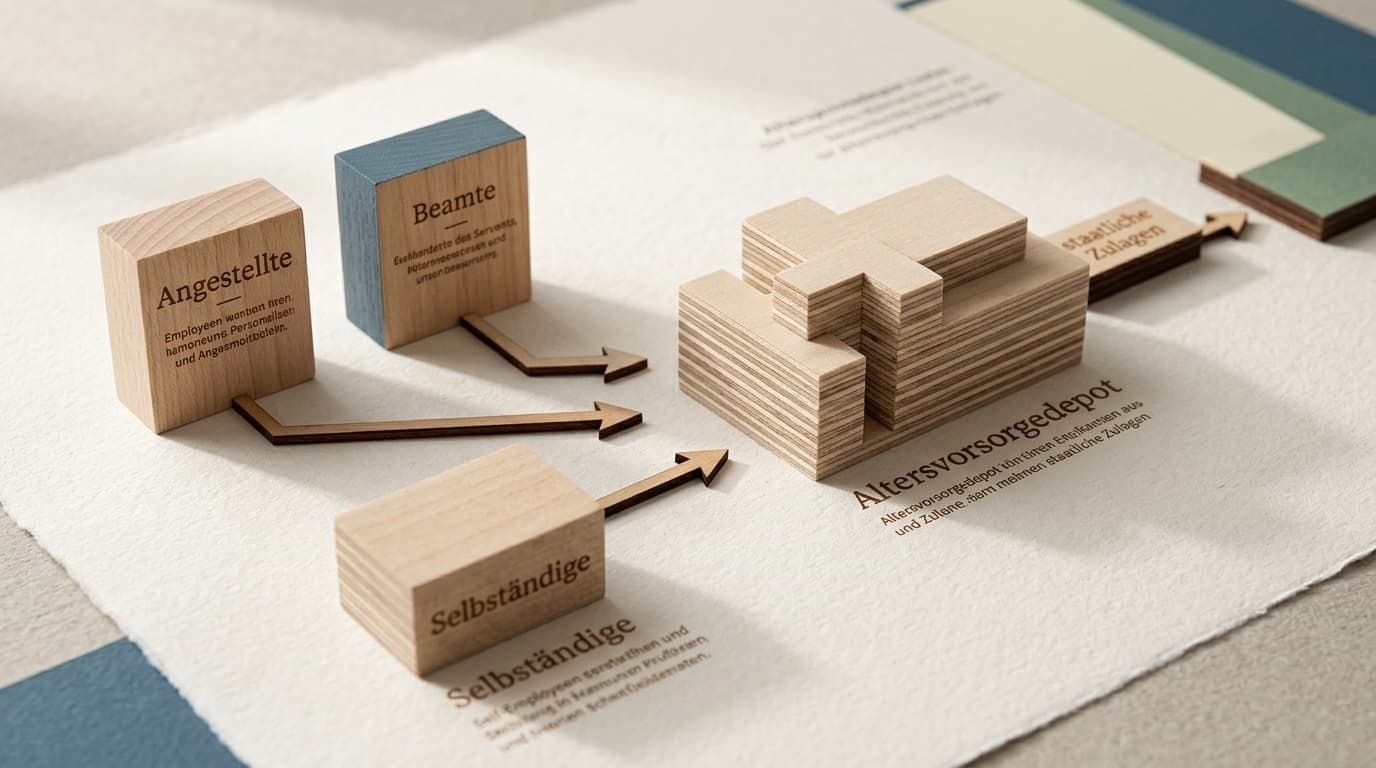Ein klares Diagramm zeigt verschiedene Berufsgruppen - Angestellte, Beamte und Selbständige - die durch Pfeile mit dem neuen Altersvorsorgedepot und staatlichen Zulagen verbunden sind.