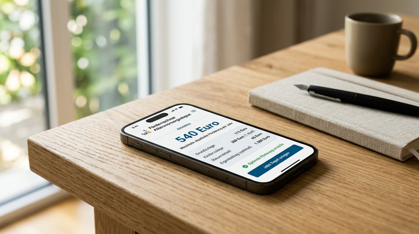 Eine Nahaufnahme eines Smartphones, auf dem der Förderrechner Altersvorsorgedepot mit einer berechneten maximalen Förderung von 540 Euro angezeigt wird.